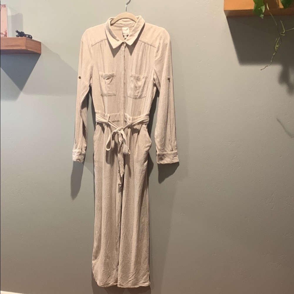 MPC MINKPINK Beige Linen Long-Sleeve Jumpsuit with Belt Pockets Wide Leg Pant